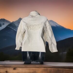 Willow & Wind S Cream Fringe Trimmed Chunky Knit Turtleneck Sweater
